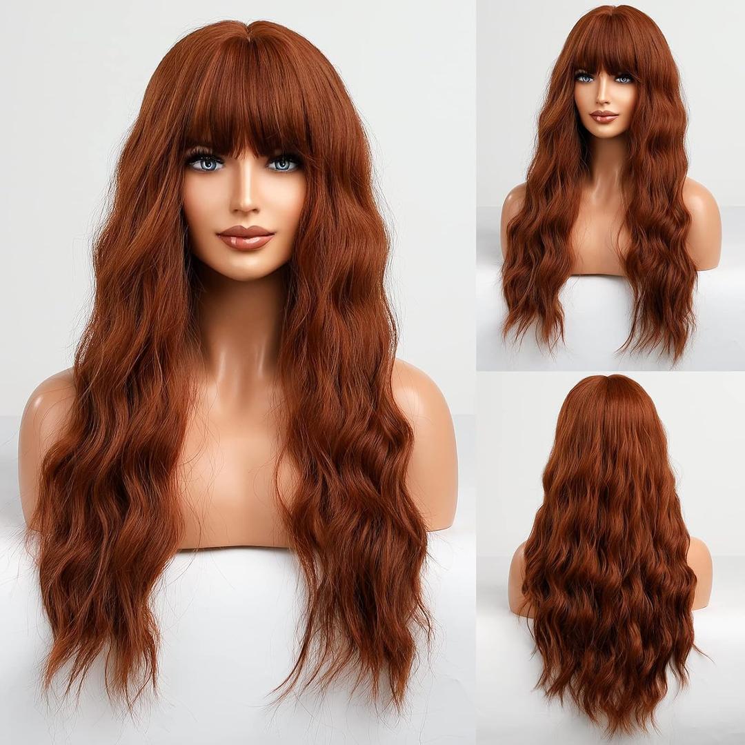 HAIRCUBE Orange Wig with Bangs Long Copper Red Curly Wigs for Women Long Auburn Wig Heat Resistant Natural Synthetic Wig for Daily Use
