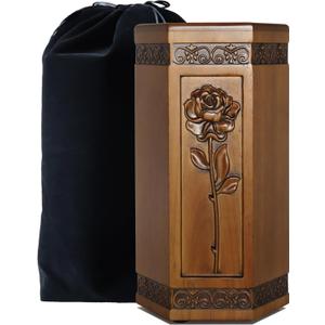 Urns for Wooden, Cremation Urn for Human Ashes Adult - Hand Engraving Rose Flower - Funeral Urn for Mother/Dad - Display Burial at Home or in Niche at Columbarium (Large Wood Decorative Urn
