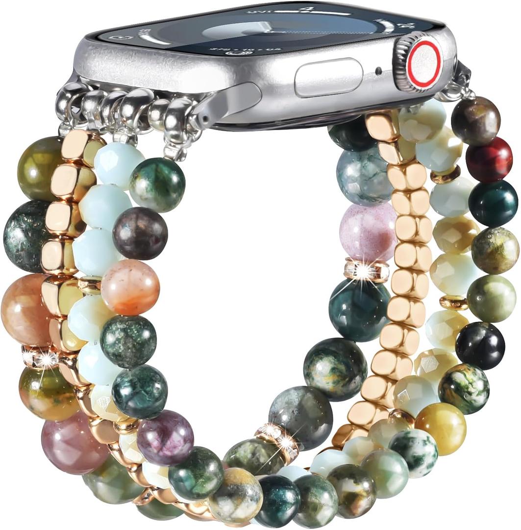CAGOS Natural Stone Beaded Bracelet Compatible with Apple Watch Band 38mm/40mm/41mm/42mm/44mm/45mm Women Series 9 8 7 SE Series 6 5 4 Fashion Dressy Stretchy Handmade Beads Strap for iPhone iWatch Bands Series 3/2/1 (Aquatic Agate)