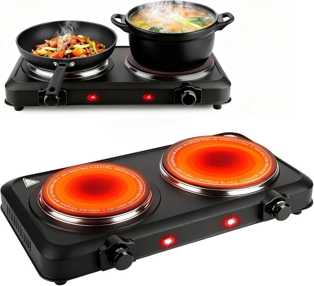 Double Burner Infrared Electric Cooktop, 2000W Double Burner Hot Plates for Countertop with 7.5 & 6.3 Glass Cooktop, Stepless Temperature Adjustments for Home RV Camping (Black)