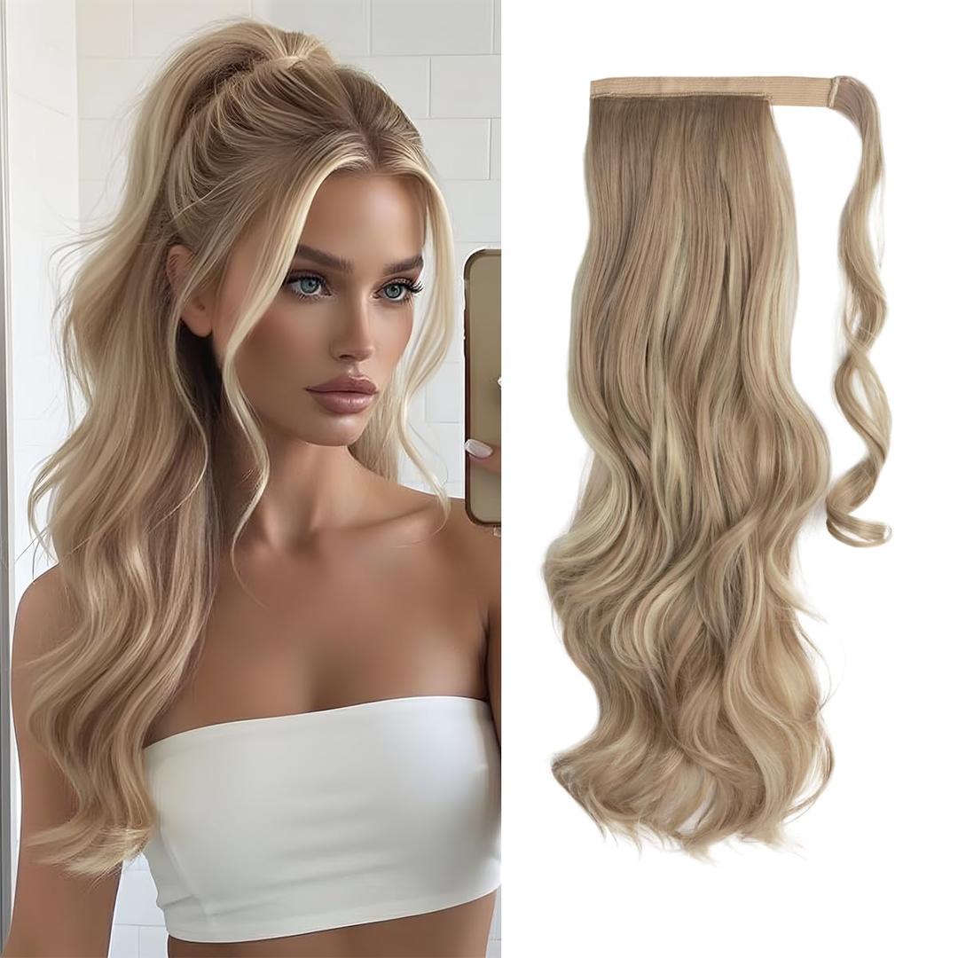 CJL HAIR 22" Long Ponytail Hair Extension Wrap Around Pony Tail Clip in Curly Wavy Synthetic Fake Hairpiece for Women Dirty Blonde
