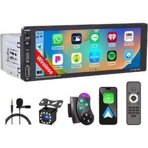 Wireless Single Din Car Stereo with Apple Carplay, IPS Touch Screen Car Radio with Bluetooth, Backup Camera, FM/ AM Car Radio, Car Play Android Auto, AUXTF, Type-C, USB