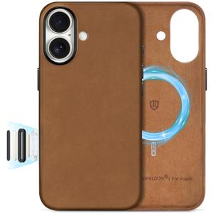 SHIELDON Case for iPhone 17 6.3" 2025 | Top Grain Crazy Horse Leather | Compatible with Magsafe | Magnetic Wireless Charging | Comfort Grip | Shock-Absorbent | Metal Button | Camera Bump Frame - Brown