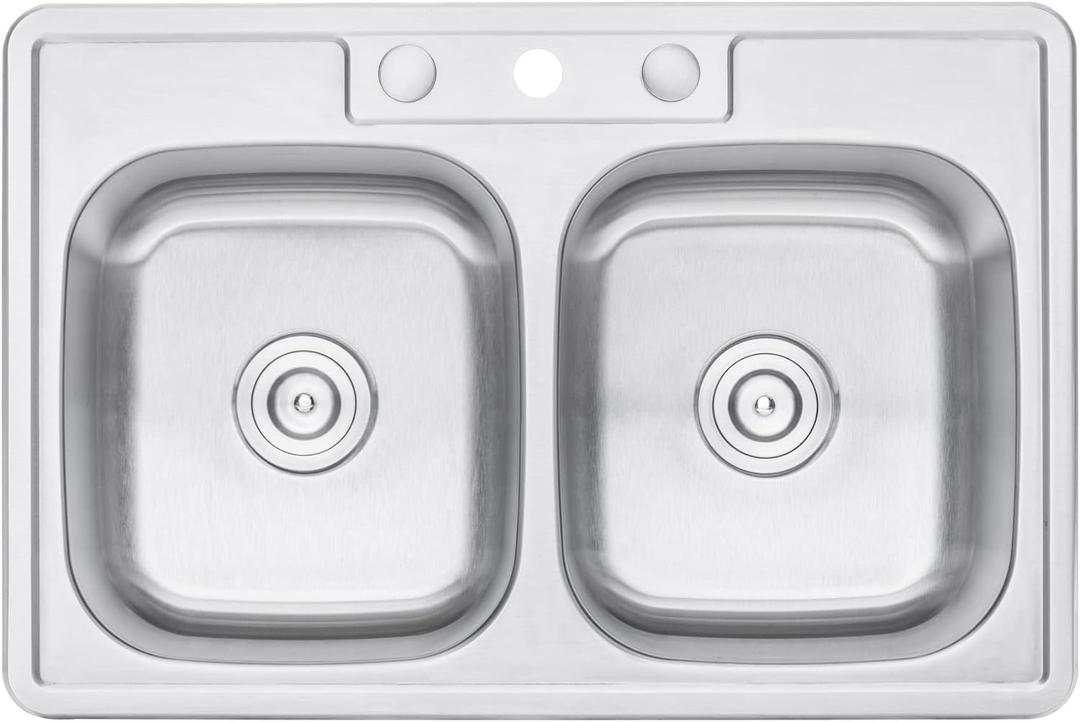 CozyBlock 33 inch Topmount Drop-In Stainless Steel 18 Gauge Double Bowl 50/50 Kitchen Sink w/ 3 Faucet Holes (Sink Only)