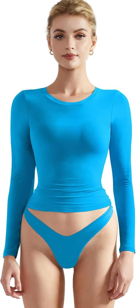 SUUKSESS Women Double Lined Fitted Basic T Shirts Crew Neck Long Sleeve Crop Top (Large, Royal Blue)