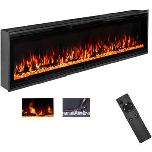 TUAN 60 inch Electric Fireplace Inserts, Ultra Thin Wall Mounted Fireplace with Remote Control, Multicolor Realistic Flame, Touch Screen, Thermostat, Timer, 750w/1500w (Log & Crystal Included) (60")
