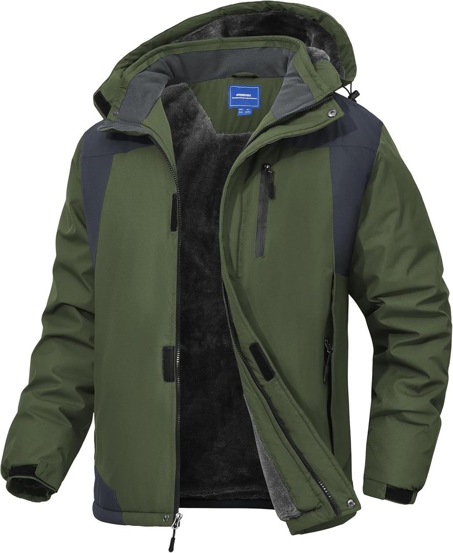 Men's Mountain Ski Jacket Waterproof Fleece Liner Snow Coat Warm Winter Windproof Hooded Raincoat (3X-Large, Army Green)