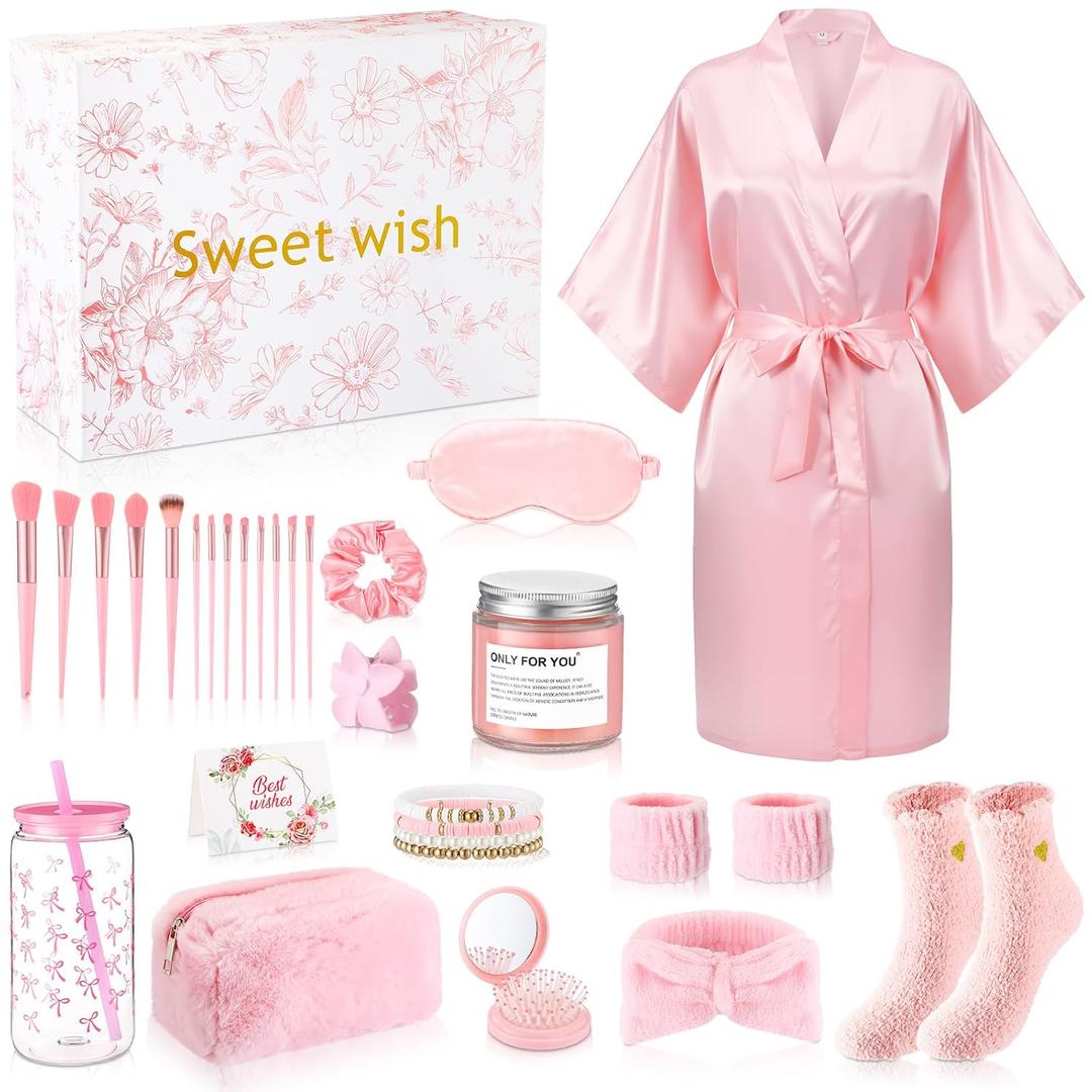 Shyyween 15 Pcs Birthday Gifts for Women Robe Sets for Women Spa Basket Set Graduation Gifts Bath Robe Make up Brushes Scented Candle Fluffy Socks Coffee Cup for Mom Nurse Girlfriend Wife(Pink)