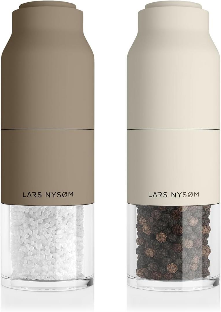 LARS NYSM Salt and Pepper Grinder Set Stainless Steel with Adjustable Grinder I Bottle Design Spice Mills Set Manual (Brown/Beige) (Set of two manual grinders, Taupe Brow/Almond Beige)