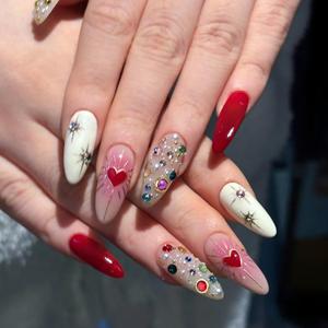 24Pcs Valentines Press on Nails Almond Medium Fake Nails with Heart Rhinestone Pearl Design Handmade Acrylic Nails Press ons Heart False Nails Full Cover Holiday Glue on Nail for Women Valentines Nail