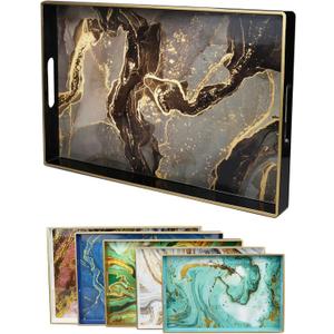 Black Marbling Decorative Tray with Handles, Morden Plastic Rectangular Serving Tray for Coffee Table Bathroom, Ottoman, Home Decor, 15.7"* 10.2"* 1.38" (Trema05)