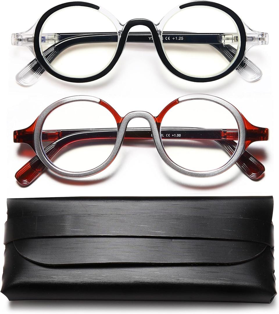 Retro Round Reading Glasses for Men and Women, Stylish Color Frame Design, Blue Light Blocking, Spring Hinges, Anti Eye Strain Computer Readers, 1.75 (Brown/Black)