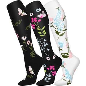 FuelMeFoot 3 Pack Copper Compression Socks - Compression Socks Women & Men Circulation - Best for Medical,Running,Athletic (Small-Medium, 031 Black/White Flower)