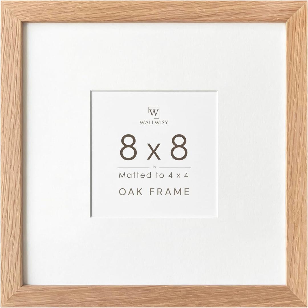 8x8 Picture Frame, Solid Oak Wood 8x8 photo Frame with Mat to 4x4(Openning Size is 3.5x3.5), Natural Oak 8x8 Picture Frames for Wall and Tabletop Display, Set of 1