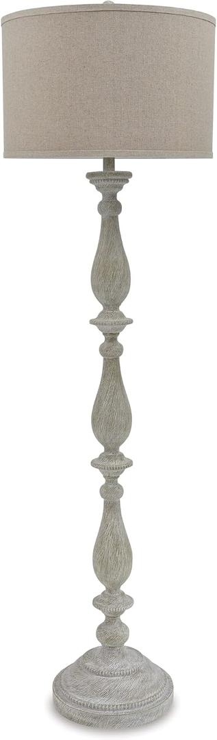 Signature Design by Ashley Bernadate Cottage Candlestick Design Poly Floor Lamp, 3-Way Switch, Cast Resin & Fabric Drum Shade, 18" W x 18" D x 61.13" H, Whitewash