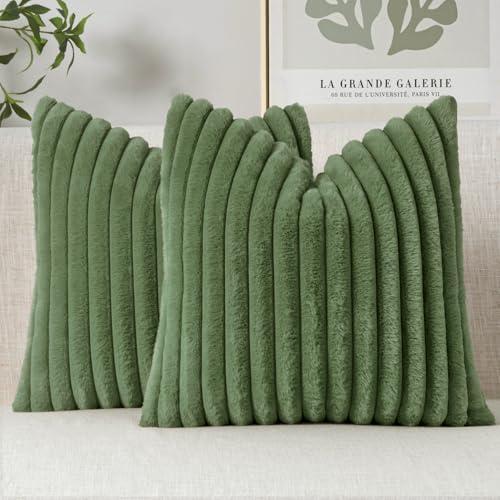MIULEE Faux Fur Decorative Throw Pillow Covers 18x18 Inch Set of 2, Modern Spring Home Decor Soft Plush Couch Pillows Cozy Fluffy Cushion Covers for Sofa Bed Moss Green