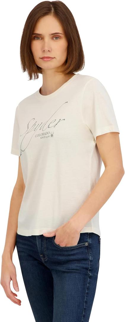 Spyder Women's Sparkle Logo Graphic Short Sleeve Tee T-Shirt (Beige, S)