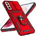 SunStory Phone Case for Samsung Galaxy S21 Case with HD Screen Protector & Slide Camera Cover & Rotated Ring Kickstand, [Military-Grade] [2 in 1] Phone Case for Galaxy S21 6.2",Red