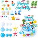 Guiqulai 33Pcs Summer Beach Cake Toppers, Hawaiian Ocean Pool Party Decorations for Birthday Cakes & Cupcakes, Tropical Blue Surfboard Starfish Coconut Tree Mini Figurines