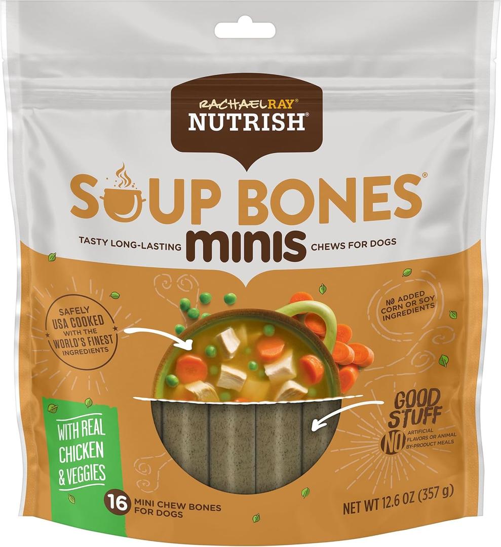 Nutrish Rachael Ray Dog Chews Soup Bones Minis with Real Chicken & Veggies, 16 Dog Treats (12.6oz Pouch (Pack of 6))