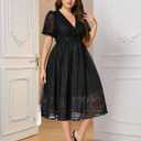 Women's Plus Size Cocktail Dress - V Neck Short Sleeve Lace Midi Dress | Semi Formal Wedding Guest Prom Attire (Large, Black)