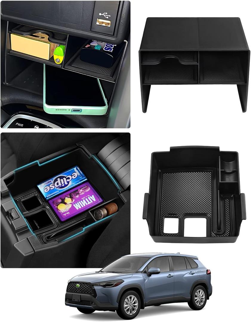 Karltys 2PCS Center Console Organizer Tray for 2022-2025 Toyota Corolla Cross L/Hybrid S Without Qi Wireless Charger, Corolla Cross Accessories Middle Console Tray Armrest Storage Box Non-Slip Mat