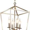 4-Light Brushed Nickel Farmhouse Chandelier, 12" Industrial Ceiling Light Lantern Pendant Light with Metal Cage Adjustable Height Rustic Hanging Light E12 Base for Kitchen Island Dining Room Entryway