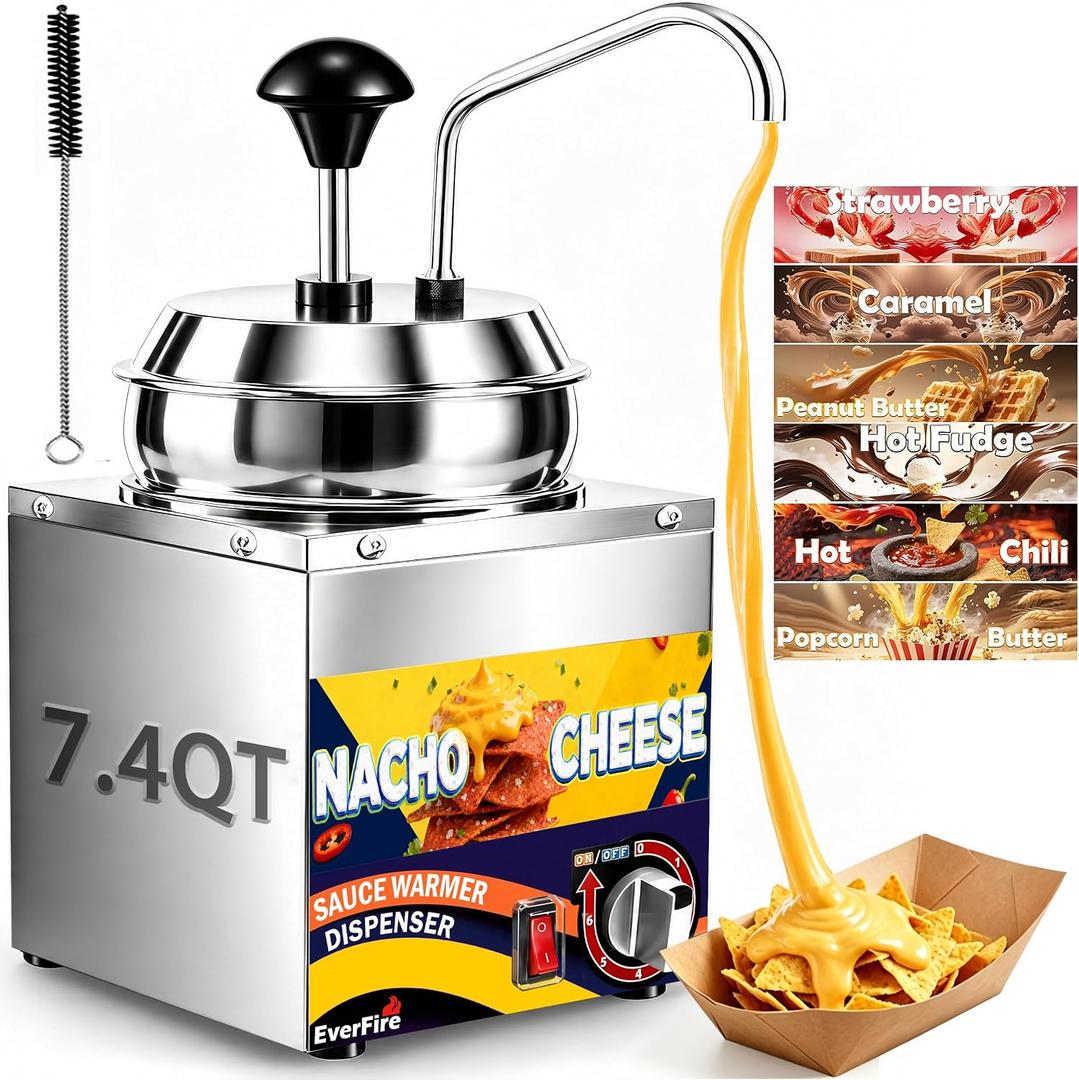 Nacho Cheese Sauce Warmer Dispenser, 7.4 Qt, 600W
Water Bath Heating, 6-Level Thermostat, Food-Grade SS304 Bucket, For Caramel & Hot Fudge, Commercial & Home Use