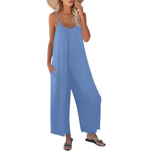 Womens Summer Casual Sleeveless Jumpsuit Loose Adjustable Spaghetti Strap Jumpsuits with Pockets 2025 Clothes Large Sky Blue, Large