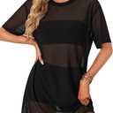 LYANER Women's Sheer Mesh Short Sleeve Cover Ups Round Neck See Through Sexy Blouse Shirt Top Solid Black, X-Large