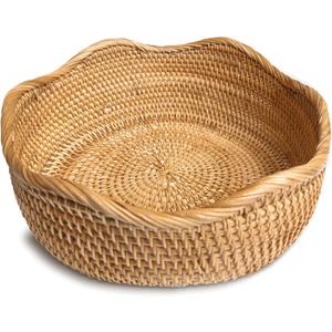 HITOMEN Handmade Rattan Bread Baskets Round Wicker Fruit Serving Storage Bowls, Natural Woven Decorative Kitchen Counter Organizing (Honey Brown) M-10.2"