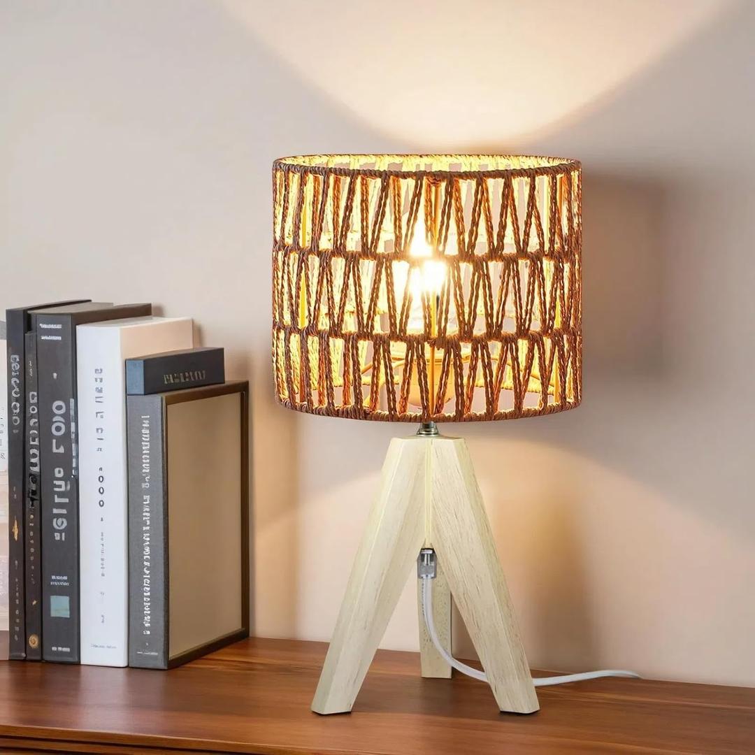 Tripod Table Lamp Light with Birch Color Wooden Base, Wooden Desk Lamp with Rattan Lampshade, 14.37 in Small Lamps, E26 Base Bedside Lamps for Night Stands, Home, Office, Living Room, Dorm(Triangle)