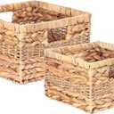 Wicker Storage Baskets with Built-in Handles, Natural Water Hyacinth and Seagrass, Decorative Handmade Storage Baskets for Organizing, Set of 2, Large and Small