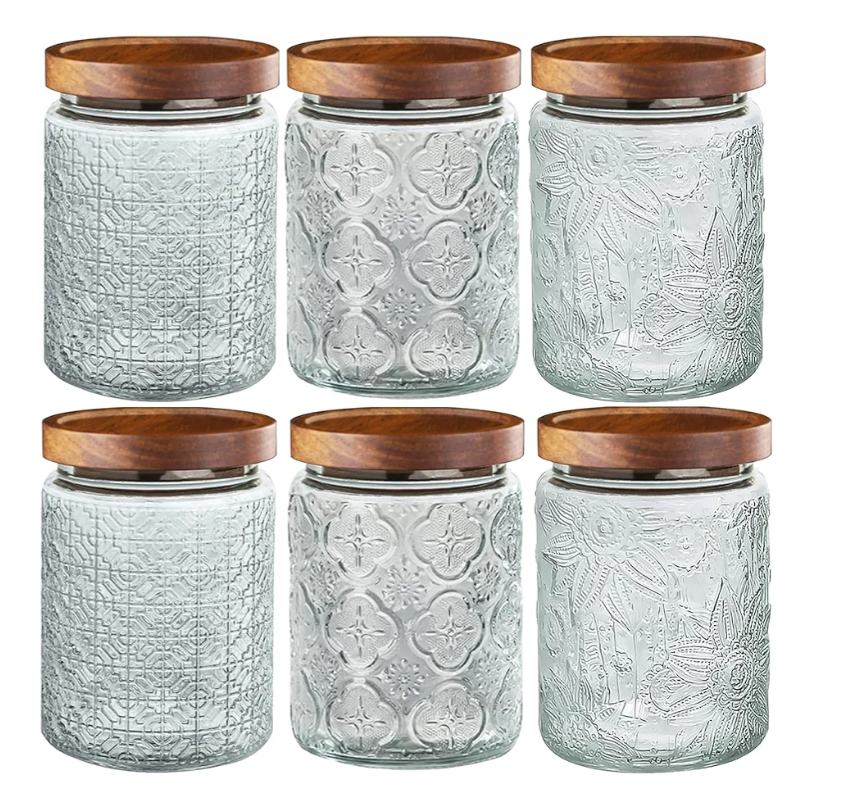 6-Pack 24 OZ Vintage Glass Jar with Lid, Airtight Food Storage Canisters with Bamboo for Kitchen Counter Pantry, Ideal for Coffee, Candy, Tea, Oats, Sugar, Cookies Decorative Jars