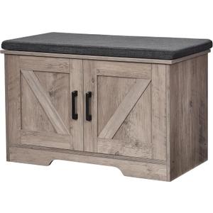 HOMSHO 2-Tier Storage Bench, 27.6" Wide Shoe Bench with Padded Seat Cushion, Entryway Bench with 2 Barn Doors and Adjustable Shelf, Greige