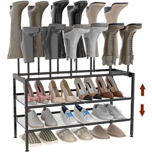 Adjustable Shoe and Boot Rack in One, Combined & Separate Use, Freestanding Boot Storage Organizer and 3 Tiers Tall Shoe Rack, Metal Shoe Rack for Closet, for Front Door Entrance Garage