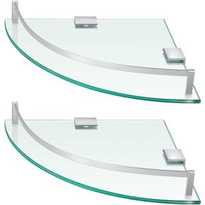 Gejoy 2 Pcs Glass Corner Shower Shelf Bathroom Glass Shelf Floating Tempered Wall Mounted Corner Organizer for Storing Bottle Shower Gel Shampoo Brush, 9.25 Inches