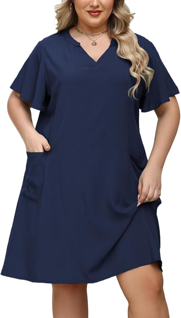 Celkuser Plus Size Summer Midi Casual Shift Dress for Womens Short Sleeve V Neck Sundresses with Pocket Vacation Outfits 2026, Size 3XL