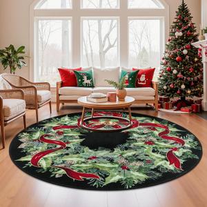 U'Artlines Christmas Washable Round Area Rug 8ft Bell Leaves Laundry Rug Runner Non Slip Soft Throw Rugs Carpet for Entryway Living Room Bedroom Black