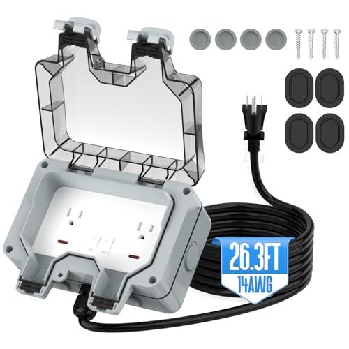 Outdoor Outlet Box with 26.3Ft Extension Cord, NEMA 5-15R, IP66 Waterproof Outdoor Outlet Box w/Lockable Cover & LED Indicator (Double Plug Socket) - Perfect for Gardens, Yards & Sports Fields