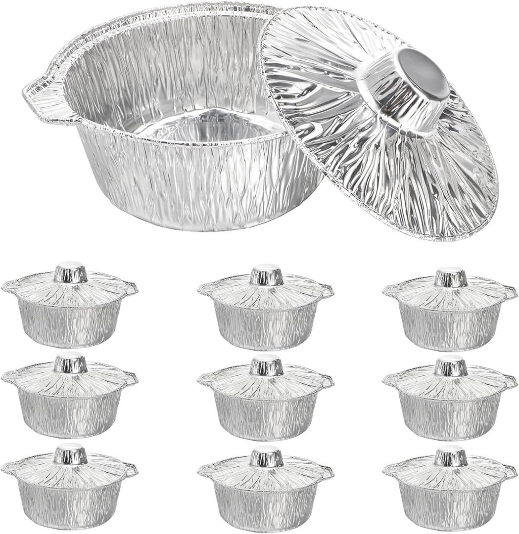 Frcctre 10 Pcs Disposable Aluminum Pot with LidS, Disposable 2 Liter Round Aluminum Foil Pan Food Container for Camping Vacation Trips Picnic Heating Cooking