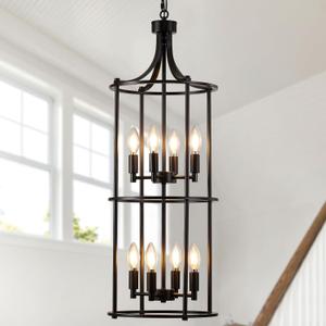 Foyer Chandeliers for High Ceilings, Lantern Tiered Black Chandelier Light Fixture Metal Modern Farmhouse Pendant Lights for Kitchen Island Entryway, Staircase, Living Room, Dinning Room