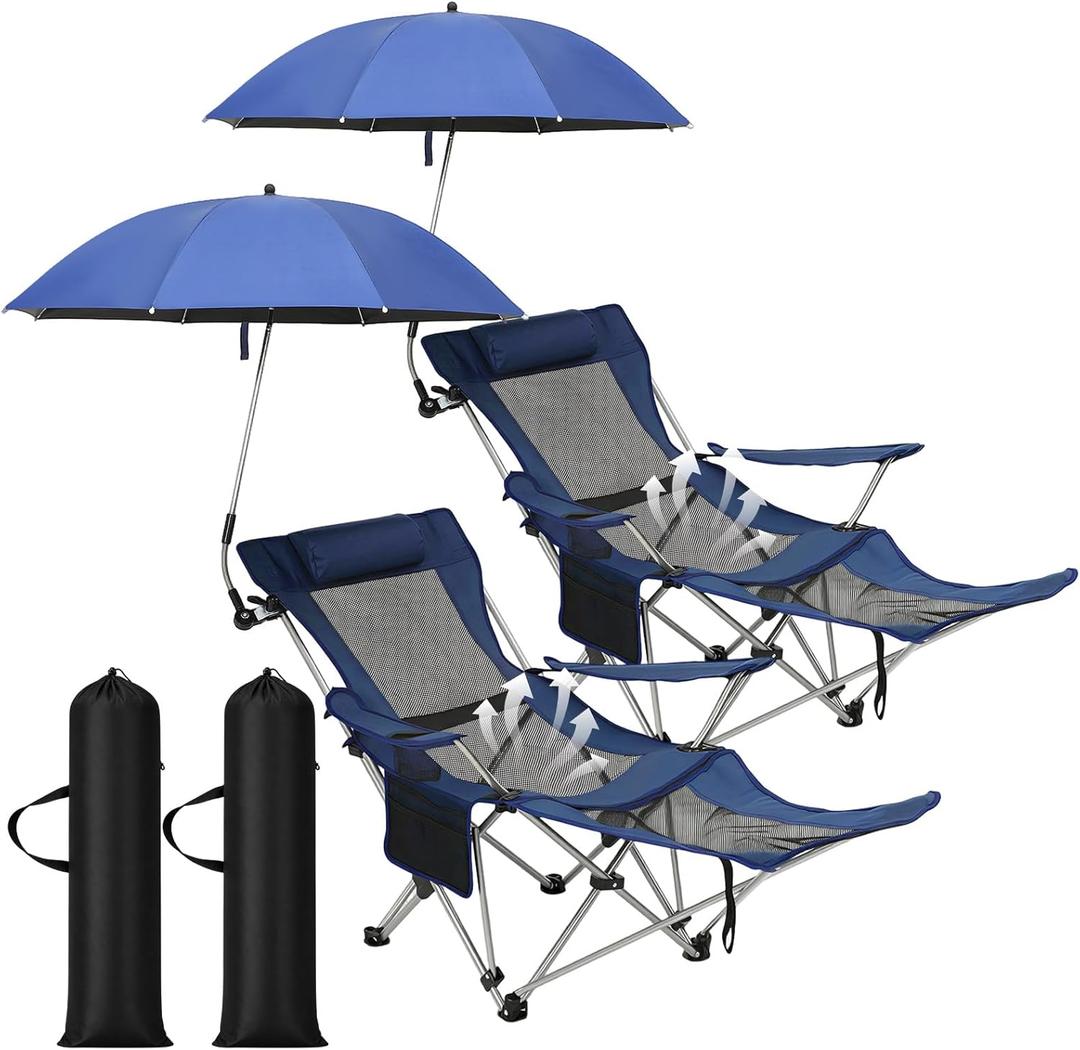Colingmill 2 Pack Reclining Camping Chairs with 2 Umbrellas, Folding Beach Chairs with Footrest, Headrest, Cup Holder, 4-Position Adjustable Backrest Lounger for Lawn Outdoor, Picnic(Dark Blue)