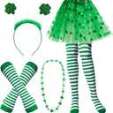 Unittype St. Patrick's Day Costume Set Striped Socks Arm Warmer Gloves 3 Layered Tulle Tutu Shamrock Headband Necklaces