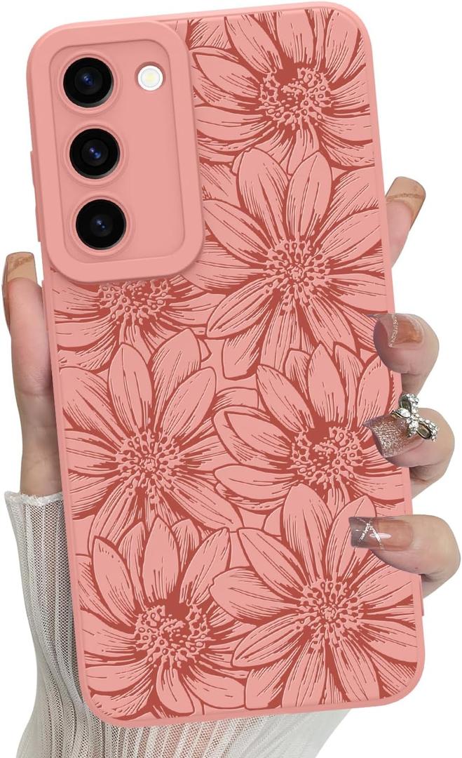 MZELQ for Samsung Galaxy S23 Case, Silicone Pink Floral Flowers Sunflowers Cute Pattern, Camera Protection Soft Slim Phone Case for Girls Women