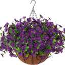 Artificial Fake Hanging Plants Flowers with Basket Outdoor Decor Faux Silk Dasiy Flower Arrangements in Pot Planter for Porch Home Indoor Patio Garden Yard Decoration (Purple 2)