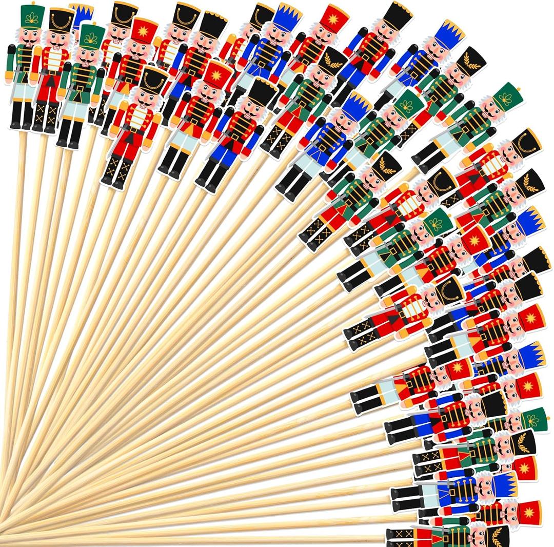 Karenhi Christmas Cocktail Picks 5.1 Inch Nutcrackers Toothpicks Xmas Food Appetizer Picks Bamboo Fruit Dessert Sticks Cupcake Topper Decoration for Christmas Themed Party Supply(300 Pcs)