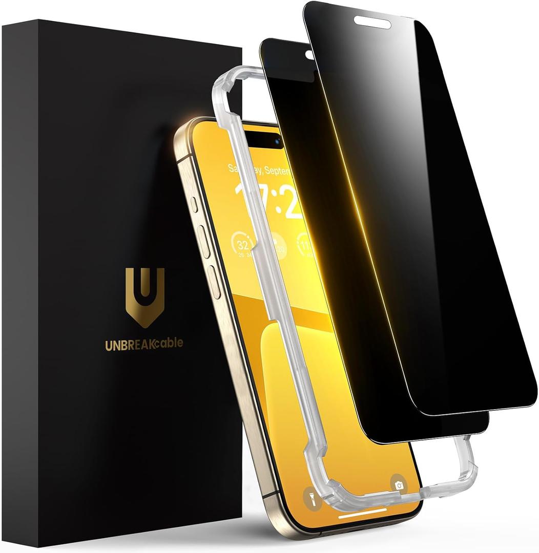 Pack of 2 UNBREAKcable Privacy Screen Protector for iPhone 15 Pro, Anti-Spy Shatterproof Tempered Glass [True 28Anti Spy] [9H Hardness] [Easy Installation Frame] Black Protector for Apple iPhone 6.1" - 