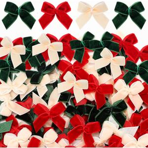 Waydress 120 Pcs Tiny Mini Christmas Velvet Bows for Crafts Xmas Twist Tie Bows Ribbon Bowknot Christmas DIY Craft Sewing Scrapbooking Gift Wrapping(Red, Green, Cream, 1 Inch)