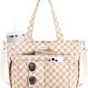 Bagstellar Corduroy Tote Bag for Women, 17 Pockets Laptop Work Tote Bag Lightweight Teacher Nurse Bible Bag for School Travel | with 40oz Cup Holder, Multi Compartment, Zipper Crossbody Bag, College Shoulder Bag, Daily Purse w/ Strap, Ideal Gift for Women (Beige Checkered)